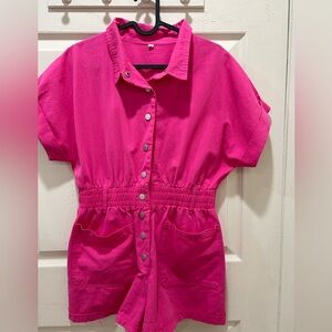 Short Sleeve Jumpsuit with Elastic Waist Button Down Pocketed Romper Shorts